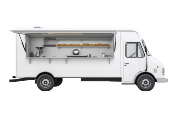Food Truck With Service Window Open, Ready For Business. Urban Catering And Mobile Kitchen Concept.