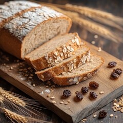 Sliced wholemeal bread, wheat ears, raisins on board.