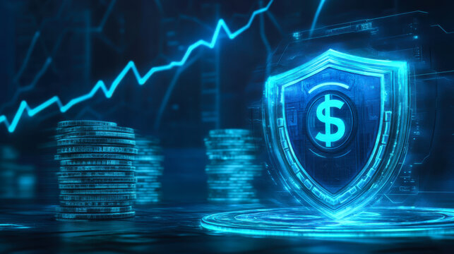 Digital shield symbolizing financial security amidst technology and market trends in a futuristic environment - Powered by Adobe