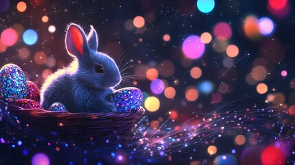 A cute rabbit sits in a basket surrounded by colorful, shimmering eggs and glowing orbs, creating a whimsical, festive atmosphere.