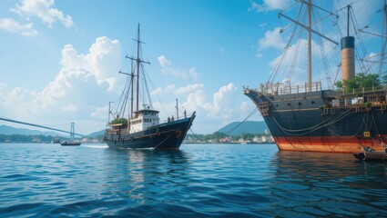 Fototapeta premium Historic Ships Anchored in Tranquil Waters Under a Bright Blue Sky with Fluffy White Clouds