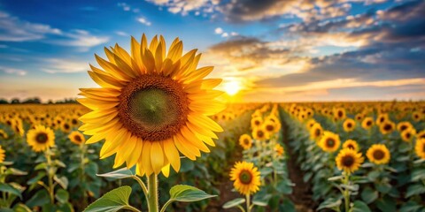 Fototapeta premium A vibrant sunflower blossoms majestically in a field at sunset, its golden petals illuminated by the warm hues of the evening sky, creating a breathtaking landscape of nature's beauty.