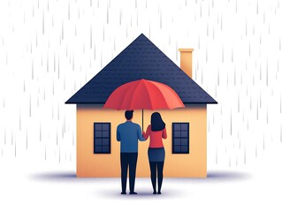 Fototapeta premium A couple stands under a red umbrella in front of a cozy house, sheltering from the rain, symbolizing warmth and togetherness in challenging weather.