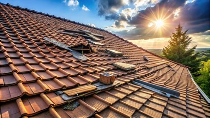 Damaged Roof Tiles at Sunset Needing Repair Soon