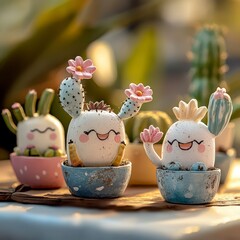 Adorable Cartoon Cactus Figurines in Pastel Pots on Wooden Surface