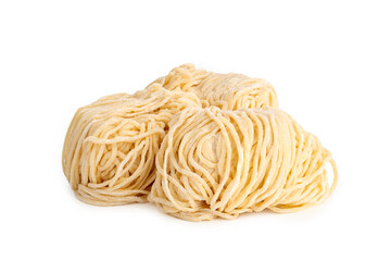 Heap of egg noodle,Thin yellow noodles covered by flour isolated on white background.