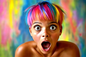 Commercial promotion visual idea. Short coiffure - multicolored hair. Gorgeous very startled mixed-race girl - for ads, marketing material and social apps use. Advertising bold colors.