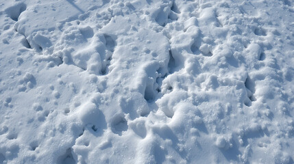 Obraz premium Snow-covered ground with visible footprints and trails, showcasing winter season's backdrop and the texture of ice and snow underfoot, revealing human activity in a snowy landscape.