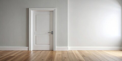 Fototapeta premium Modern Minimalist Interior Design Featuring a Closed White Door and Light Wood Flooring