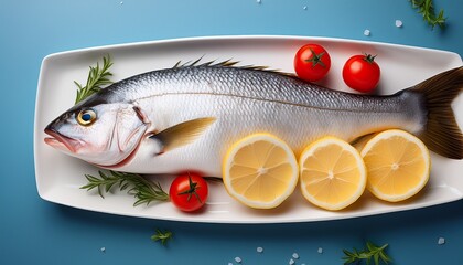 illustration of a whole fresh fish on a white plate garnished with lemon slices cherry tomatoes and fresh herbs creating a culinary preparation scene