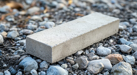 A long rectangular piece of concrete lies on a mixture of small gravel and stones, indicating a potential construction or landscaping site