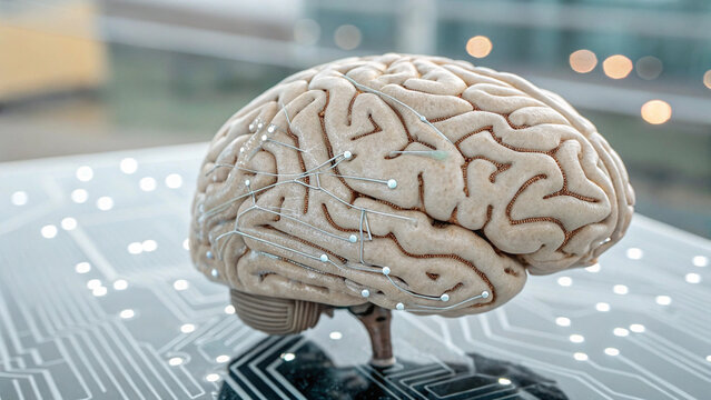 A sci-fi neural augmentation concept, with glowing circuits representing artificial intelligence, brain-computer interfaces, and transhuman potential.