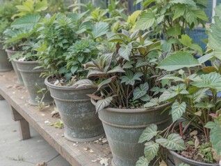 Pots of Diverse Green Plants Displayed in a Garden Setting with Lush Foliage and Tranquil Atmosphere