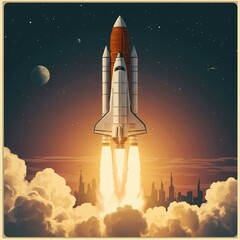 Obraz premium Vibrant Modern Rocket Illustration with Dynamic Motion Lines and Bright Gradients, Space Exploration Theme for Tech Websites, Posters, Educational Content – High-Quality