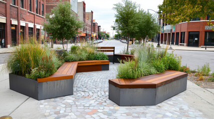 Inviting street seating area featuring wooden benches surrounded by lush greenery, providing a tranquil spot for relaxation