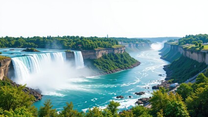 Fototapeta premium Stunning Panoramic View of Niagara Falls with Lush Greenery and Flowing River Under Clear Sky