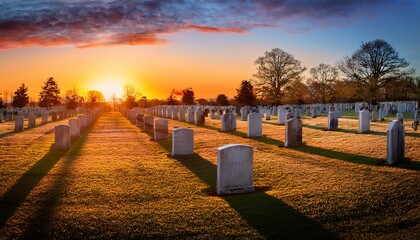 Generated image An empty cemetery at sunset, with long shadows stretching across the ground and the sky abla