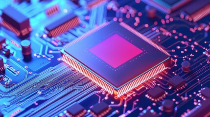 Close-Up View of Microchip on Circuit Board with Blue Lighting