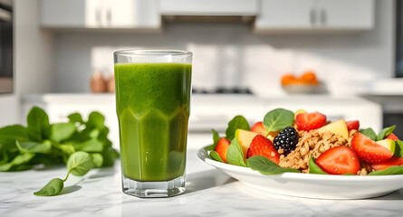 Spinach juice, spinach juice breakfast: glass of juice, next to a plate with fruit salad and granola. The background is a modern kitchen with white cabinets and marble countertops. 