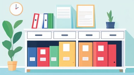 Organized Office Workspace:  A Minimalist Design with Colorful Files and Plant