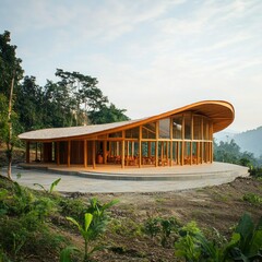 Obraz premium A community center built as a temporary green building using sustainable materials.