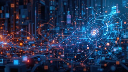 Obraz premium Abstract Digital Network Design with Interconnected Lines and Bright Blue and Orange Lights