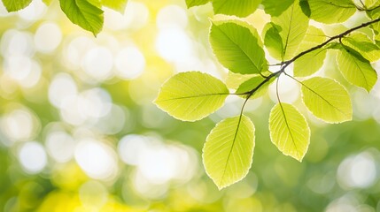 Bright Green Leaves on Branch with Soft Sunlight Background