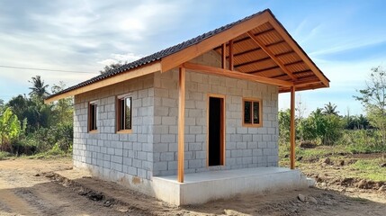 Rural concrete block dwelling with wooden roof, porch, revealing modest residential construction amid countryside landscape