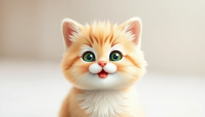Fototapeta premium Adorable Fluffy Orange Kitten with Big Green Eyes and Happy Smile Against a Soft Background
