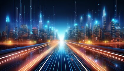 the futuristic cityscape of a smart city with a line of light technology and city concept high speed connectivity lights at night