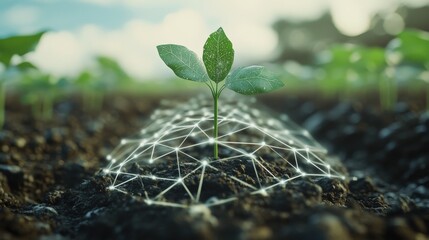 Young plant emerging from soil with digital network overlay symbolizing growth and technology
