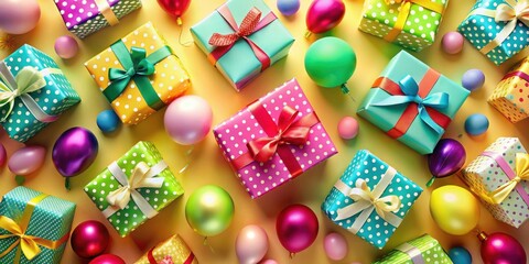 A vibrant collection of festively wrapped gifts adorned with colorful ribbons and shiny balloons on a bright yellow background, celebrating a joyous occasion.
