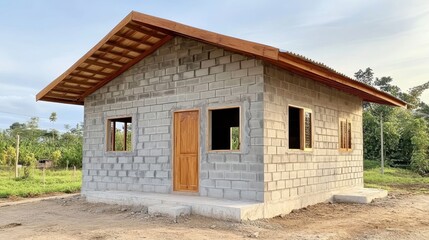 Small concrete brick house rising in rural landscape, wooden roof framing emerging, window openings visible, green vegetation surrounding construction site
