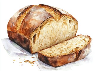 Watercolor illustration of homemade sweet rye bread on white background