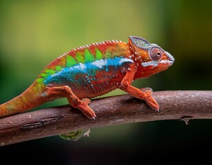 a vibrant chameleon rests on a branch showcasing its colorful scales against a blurred green background this image can enhance nature themed content educational materials
