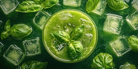 Cool refreshing basil drink with ice served in a clear glass on a green background