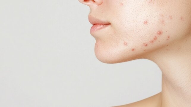 Close up profile revealing young woman's skin texture, showing acne marks, highlighting dermatological challenges and complexion variations