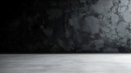 Dark Grunge Textured Wall With Grey Concrete Floor Background For Product Placement In Empty Room With Dramatic Lighting