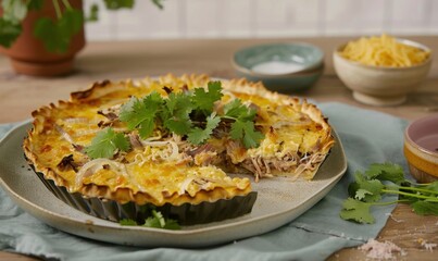 Homemade savory tart with herbs on table, slice removed, rustic setting