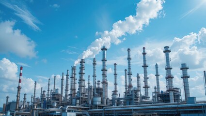 Obraz premium Industrial Complex with Tall Stacks Emitting Smoke Against a Bright Blue Sky with Clouds