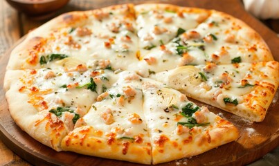 Homemade spinach artichoke pizza on wooden board, ready to serve