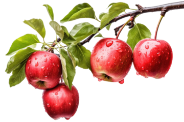 ripe red apples hanging from a branch with leaves isolated on white