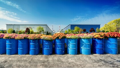 a row of blue barrels adorned with vibrant flowers nature s beauty against an industrial background