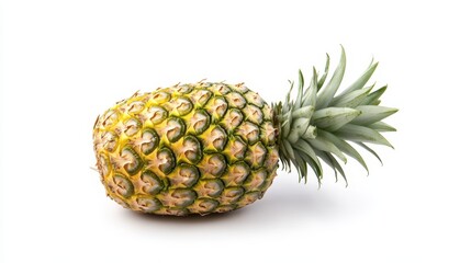 Ripe pineapple displaying golden yellow hue and textured exterior, green spiky leaves crowning tropical fruit against crisp white surface