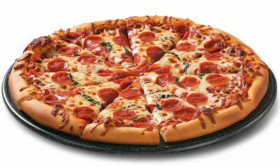 Hot pepperoni pizza with basil on a dark pan, ready to serve