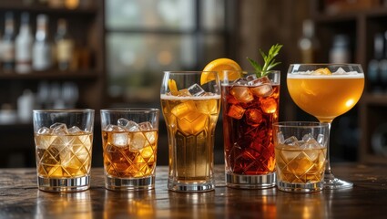 Variety of Colorful Cocktails on a Rustic Bar Counter with Ice and Garnishes