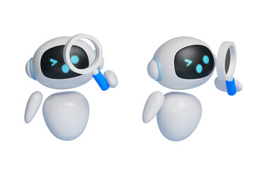 AI robot character 3D graphics viewed through a magnifying glass