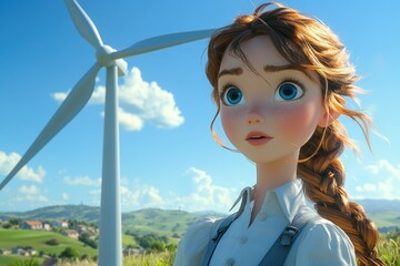 A 3D animated girl gazes at a wind turbine in a sunny, idyllic countryside setting.