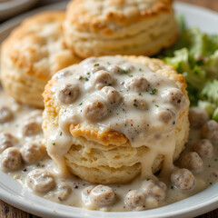 Biscuits and gravy, flaky buttermilk biscuits smothered in peppery white sausage gravy, bright but rustic, hero shot transparent