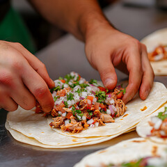 Hands preparing fresh tacos with seasoned meat and salsa